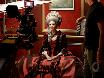 This is a period-accurate Marie Antoinette costume with full chemise, corset, pannier, petticoat, and gown, created by our in house costumer, Castle Corsetry, made for Eliza Rickman's music video "Pretty Little Head" that we shot in house.  https://youtu.be/kwno-F90gms	
