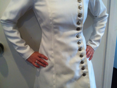 This is an original mad scientist lab coat created by Castle Corsetry. 	