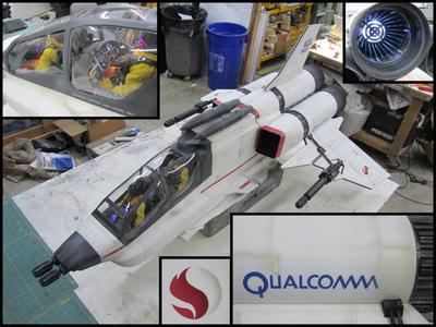 For Qualcomm 's game division, we designed and fabricated  this 1/6 scale 6' long fighter jet display with working animated FX lighting." 	