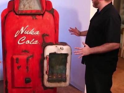This is a Fallout 5 Nuka Cola survival fridge we created for an episode of  Super-Fan Builds, stocked with everything a gamer would need to live in their room for days.	