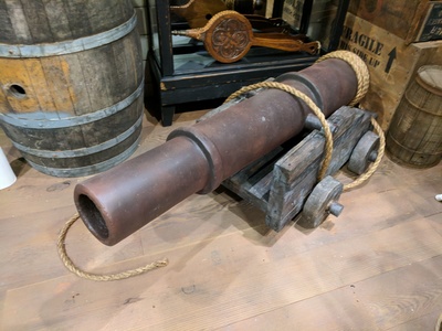 This is a custom built, full sized, 17th century cannon replica prop for the Niantic lobby in San Francisco.  	