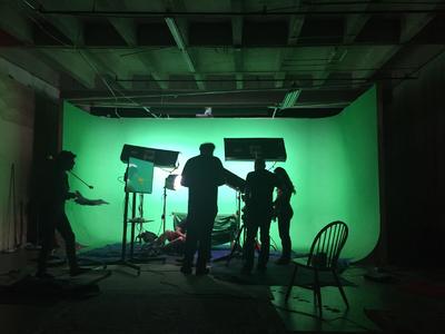 Our 20' x 16' x 10' high pre-lit green screen sweep  is located in our insert stage with an additional 45' x 26' of space.	