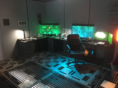 Our space ship set is reconfigurable to suit your specific creative needs; shown here is a laboratory with our set dressing.	