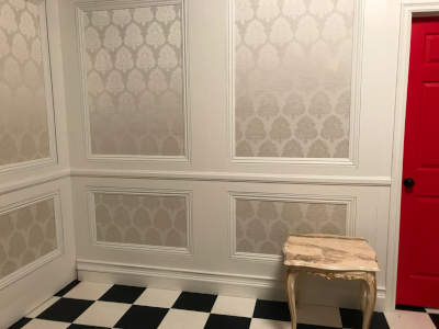 This is our pop-up set of Victorian trimmed walls flats shown here as a white dream sequence room.